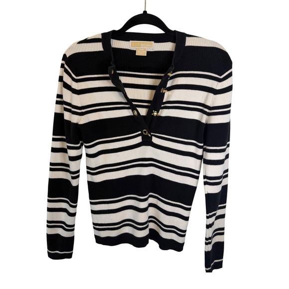 Michael Kors Sweaters - Michael Kors Y2K Grunge Whimsigoth Black White Stripe Ribbed Knit Sweater PM